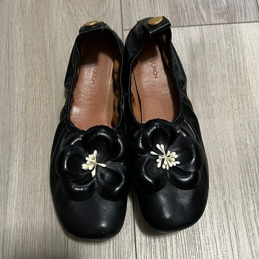 Tory Burch Black Flats with Floral Accent
